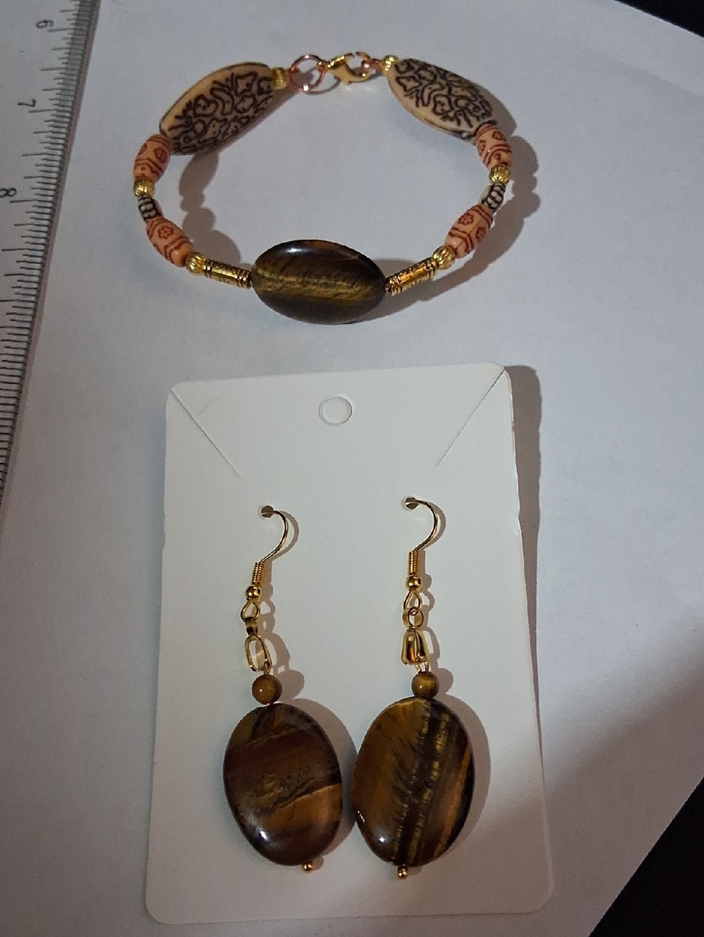 Gold-Tone Tiger Eye Bead Bracelet and Earrings Set - Natural Brown Stones